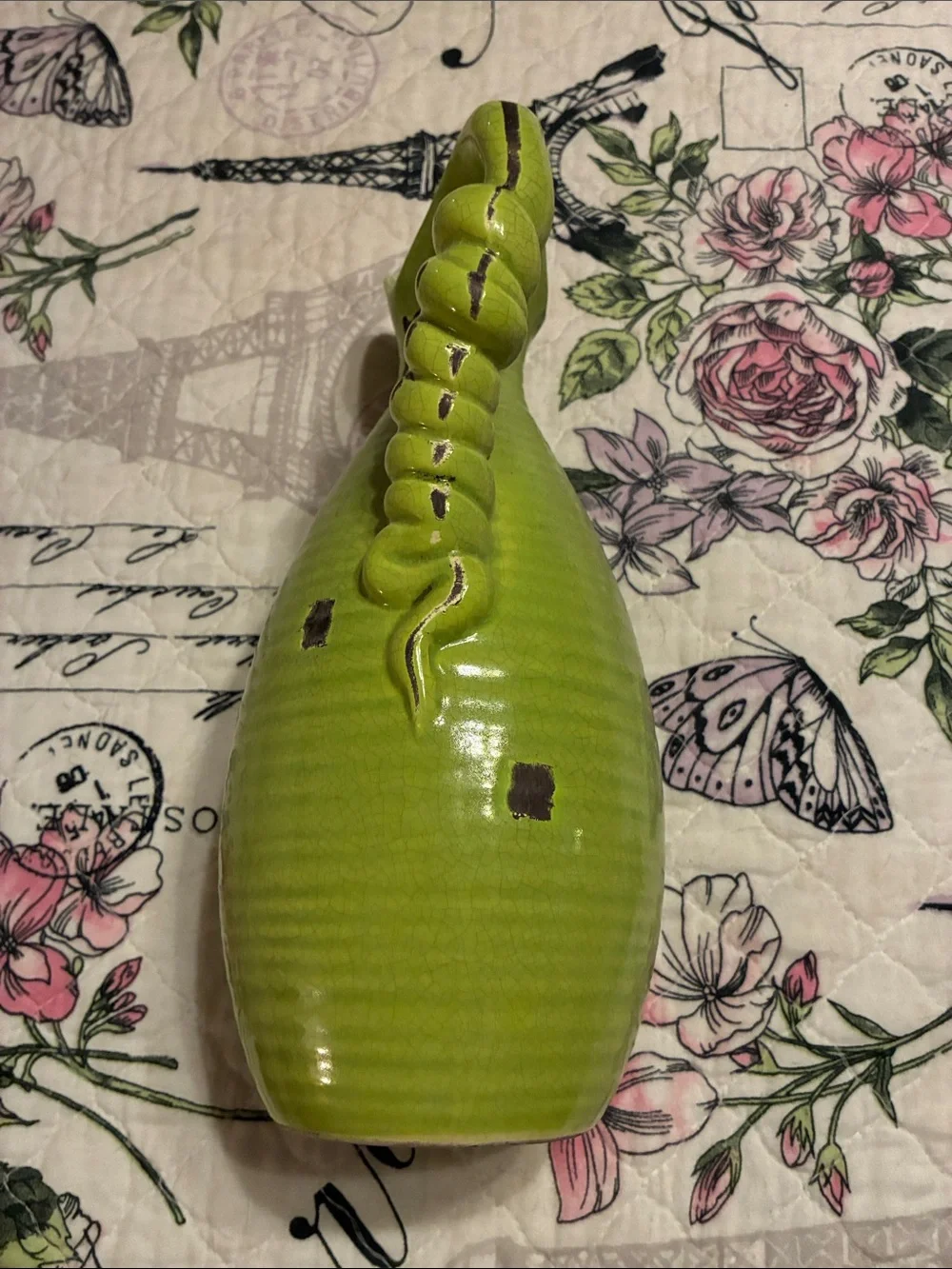 Lime Green Ceramic Pitcher Vase with Twisted Handle